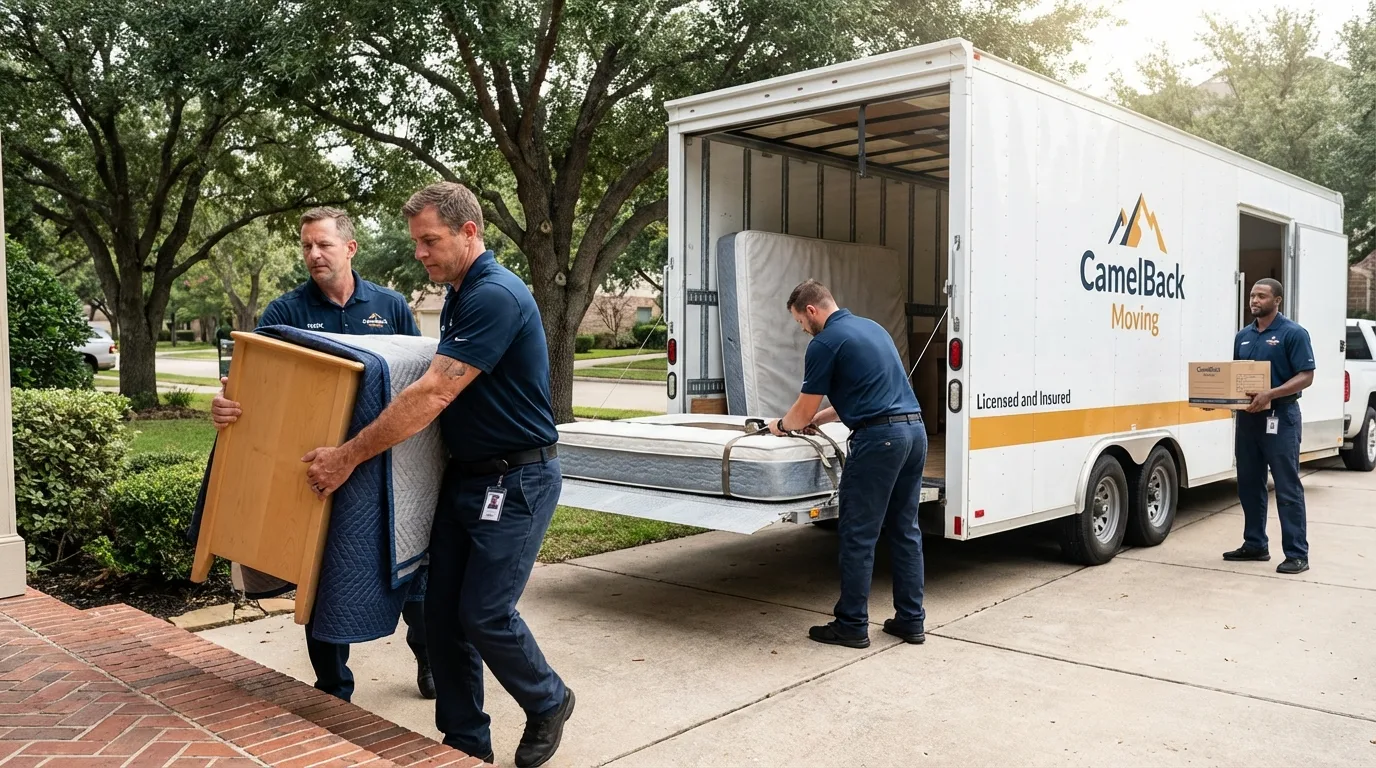 Crew loading residential truck for cross-state move from Luck, WI
