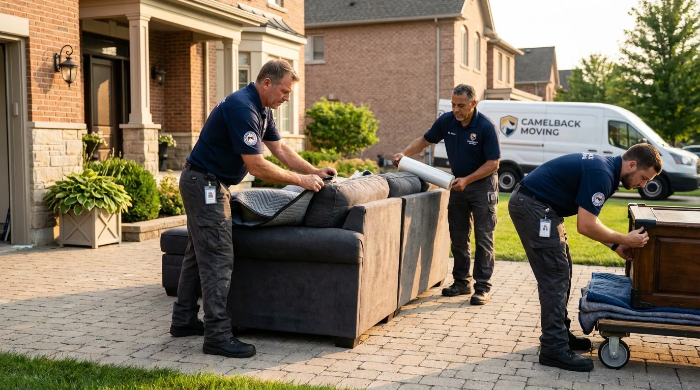 Large estate moving crew wrapping furniture in Luck, WI