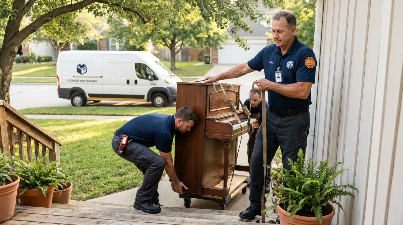 Licensed piano movers securing grand piano in Luck, WI