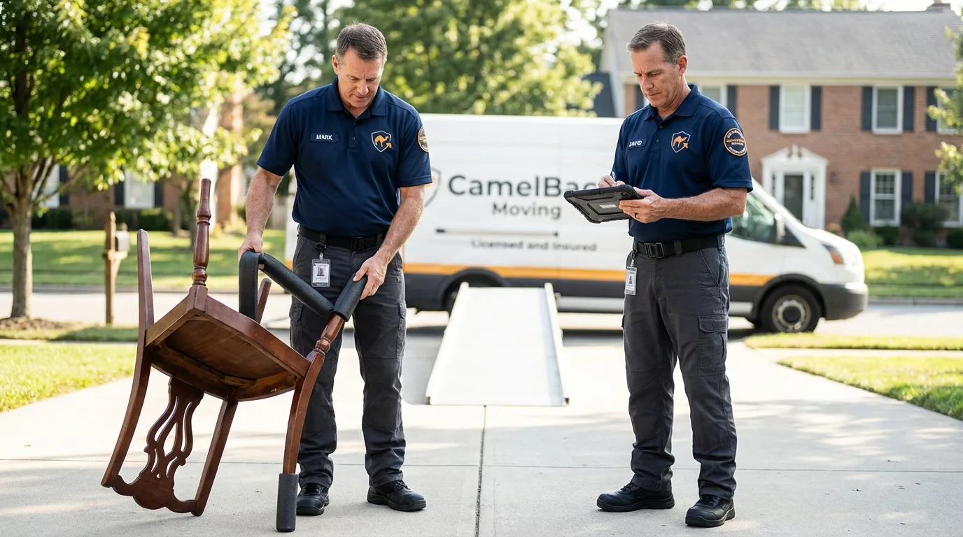 Movers inspecting furniture for damage prevention before loading in Luck, WI