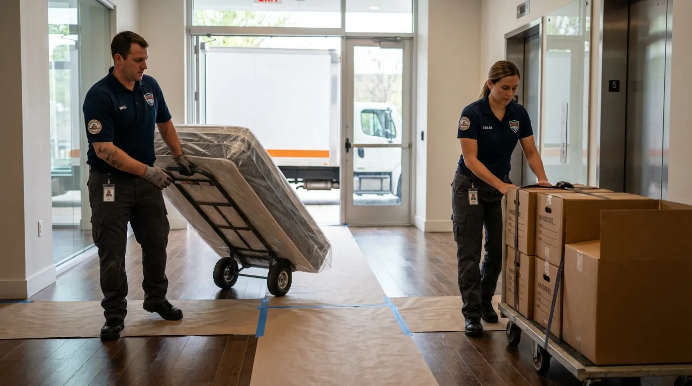Professional apartment movers loading elevator in Luck, WI