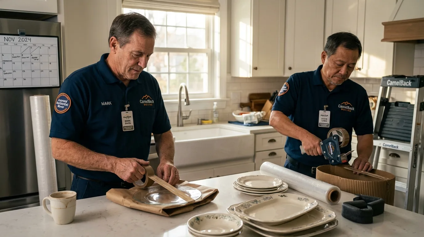 Professional crew packing kitchen dishware in Luck, WI